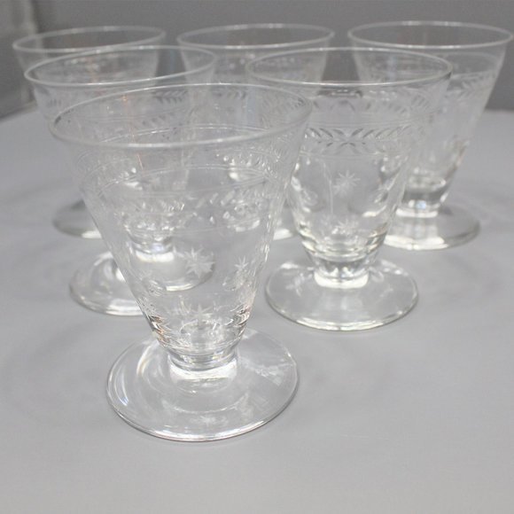 Antique Crystal Stemware Cordial Etched Glasses - Picture 1 of 5